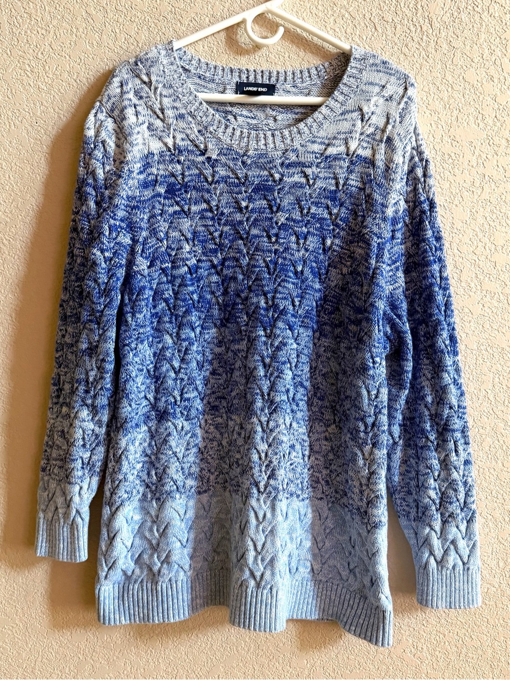 Lands' End Blue & White Ombre Cable-Knit Crewneck Sweater Womens Plus Size 2X